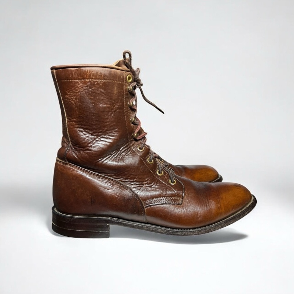 🌻VINTAGE RARE Justin Brown Leather Roper Lace-Up Cowboy Boots Men's Size 9B